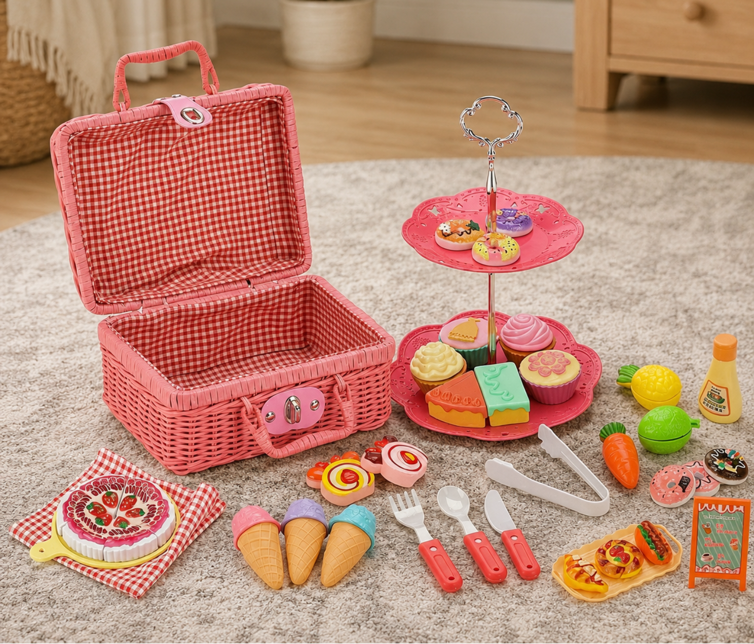 Toy picnic set with pink wicker basket, food items, and a stand on a carpeted floor.